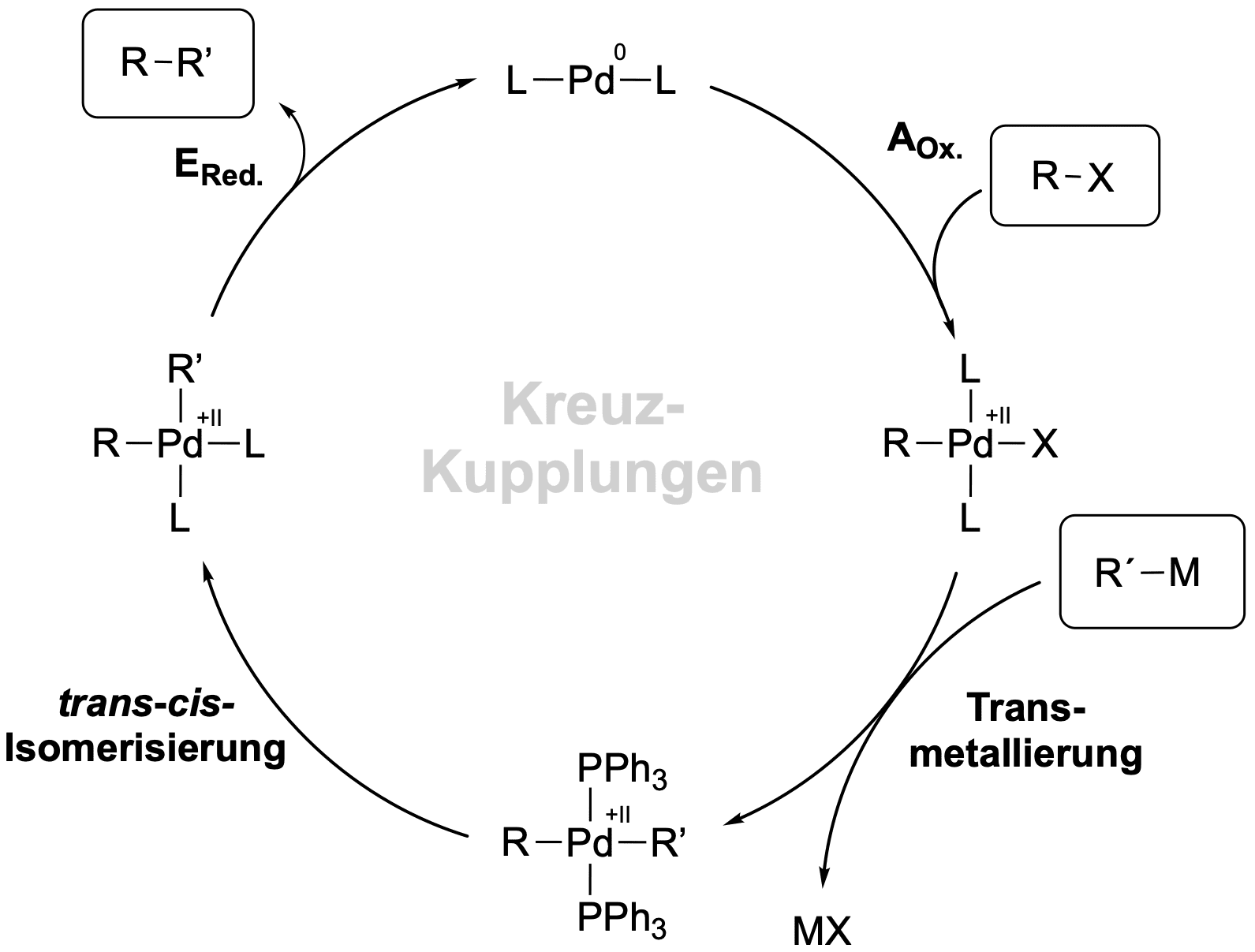 Allgemeiner Katalysezyklus einer Kreuzkupplungsreaktion
