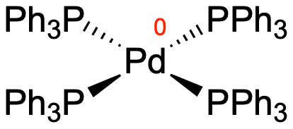 Tetrakistriphenylphosphanpalladium(II) als Beispiel für einen Palladium(0)-Komplex, welcher die 18-Elektronen-Regel erfüllt